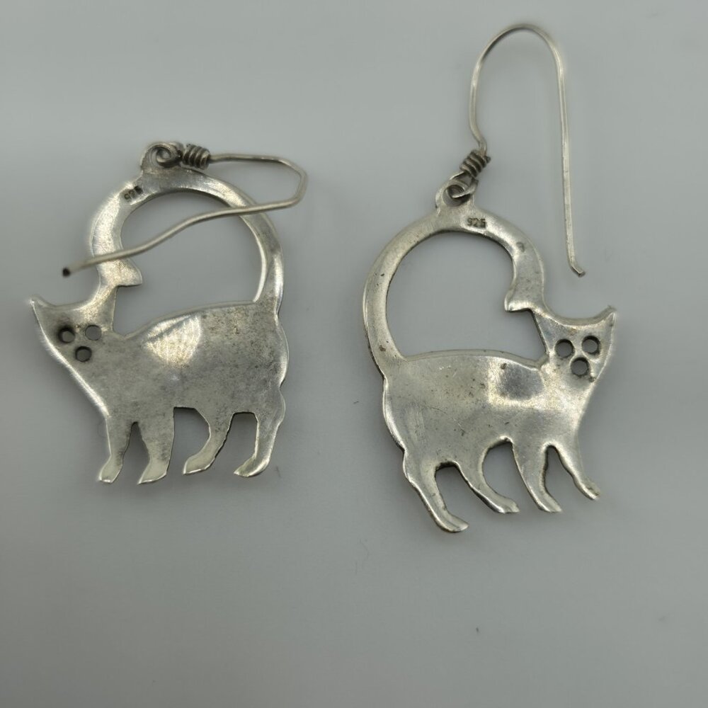 Sterling Silver Modernist Kitty Cat MCM Dangle Hook Earrings 3g 925 Vintage Alt - Picture 7 of 12